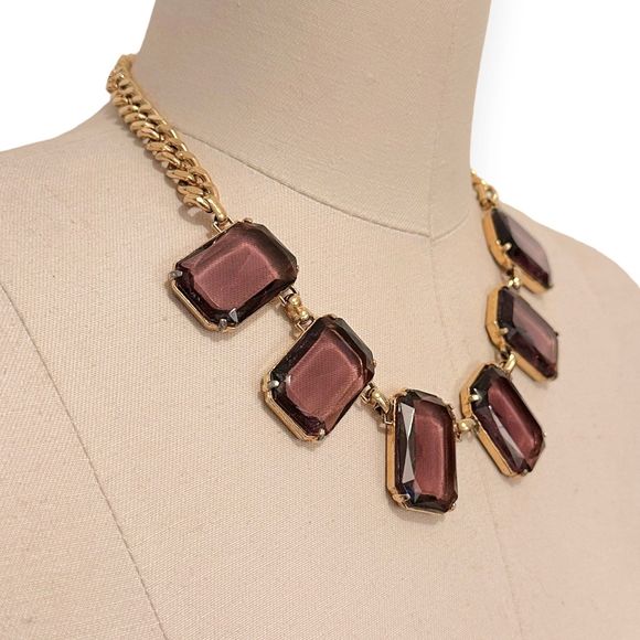 Vintage Art Deco Gold Tone Amethyst Glass Necklace - Picture 8 of 8